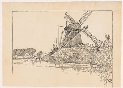 Molen aan een waterkant door Ludwig Willem Reymert Wenckebach