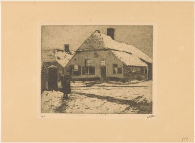 Besneeuwde huizen aan een weg in Ede door Willem Witsen (signed by artist)
