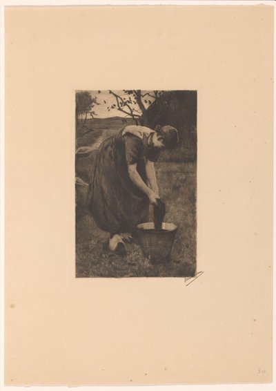 Boerin wast textiel in een emmer door Willem Witsen (signed by artist)