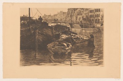 Turfschepen in de Oude Schans in Amsterdam door Willem Witsen (signed by artist)