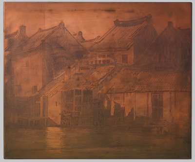 Batavia, huizen aan de kali in gesloten rij door Willem Arnoldus Witsen