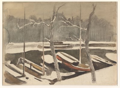 Gemeerde schuiten aan een besneeuwde gracht door Willem Arnoldus Witsen