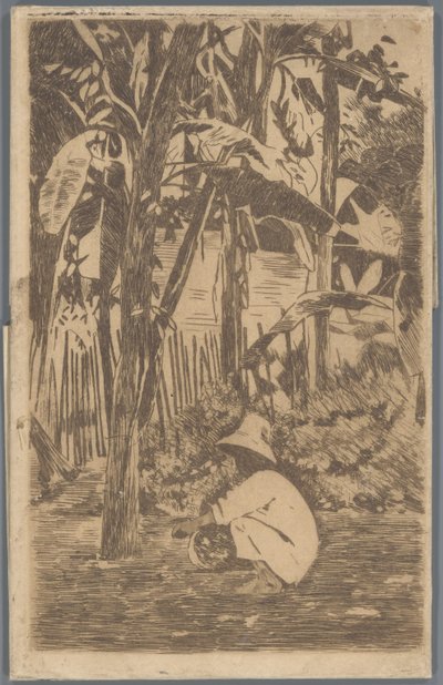 Hurkende jongen in een tuin, Buitenzorg door Willem Arnoldus Witsen