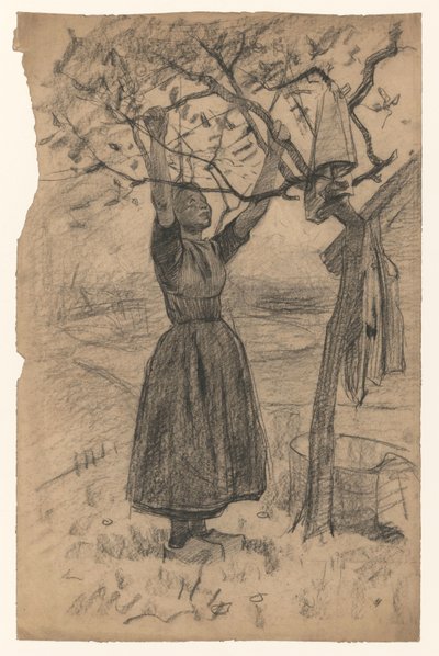 Vrouw hangt de was in een boom, naar rechts door Willem Arnoldus Witsen