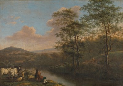 Italiaans landschap met rustende herder door Willem de Heusch