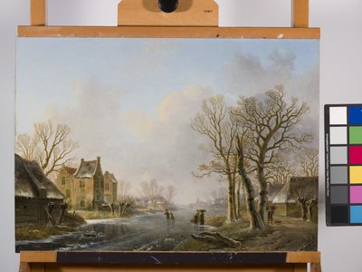 Schaatsers op een Bevroren Rivier, Dordrecht door Willem de Klerk
