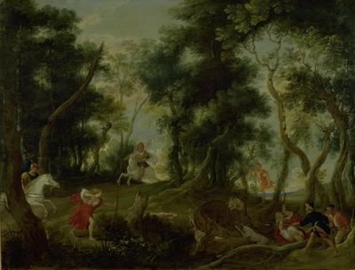 Landschap met Atalanta en Meleager die op de Calydonische everzwijn jagen door Willem van Herp