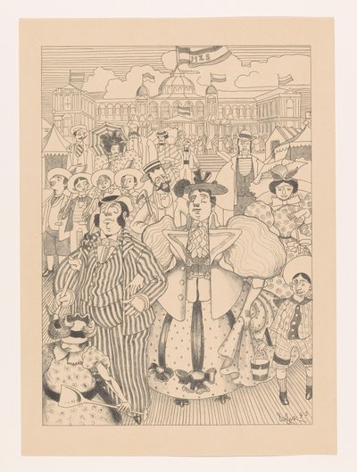 Karikaturaal weergegeven Joodse badgasten op het strand van Scheveningen door Willem van Konijnenburg