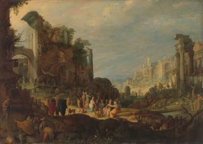 Reizigers tussen Romeinse ruïnes met Rebecca en Eliezer bij de bron door Willem van Nieulandt (II) (attributed to)