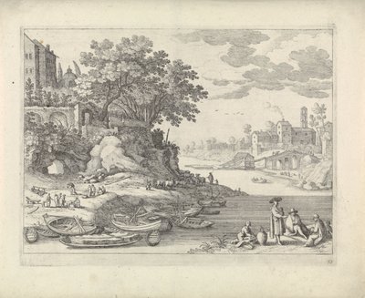 Haven met roeiboten, figuren en vee door Willem van Nieulandt (II)