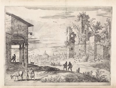 Landschap met de barmhartige Samaritaan bij de herberg door Willem van Nieulandt (II)