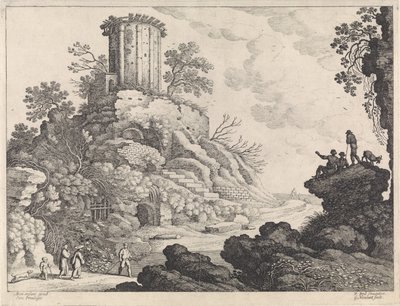 Landschap met de ruïne van een tempel door Willem van Nieulandt (II)