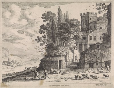 Landschap met een huis, figuren en vee door Willem van Nieulandt (II)