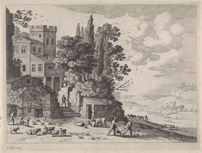 Landschap met een huis, figuren en vee door Willem van Nieulandt (II)