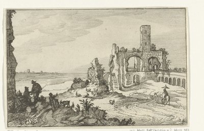 Ruïne met bogen en een toren aan het water door Willem van Nieulandt (II)