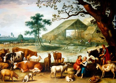 Een boerenpaar met vee bij een boerderij door Willem van Nieulandt