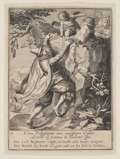 Een jonge man beklimt een heuvel, geholpen door Cupido, uit Allegorie op het misbruik van wereldse bezittingen door Willem van Swanenburgh