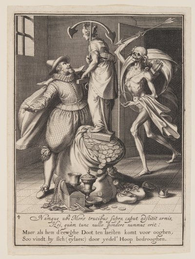 De dood met een pijl die op het punt staat de mens neer te halen, uit Allegorie op het misbruik van wereldse bezittingen door Willem van Swanenburgh