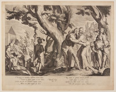 Ontmoeting van Mozes en Jethro, plaat 1 uit Tronen van Gerechtigheid (Thronus Iustitiae) door Willem van Swanenburgh