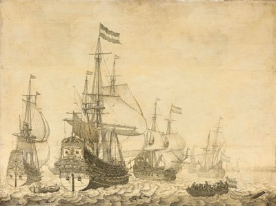 Zeegezicht met Nederlandse Oorlogsschepen waaronder de Drenthe en de Prins Frederik-Hendrik door Willem van de Velde (I)
