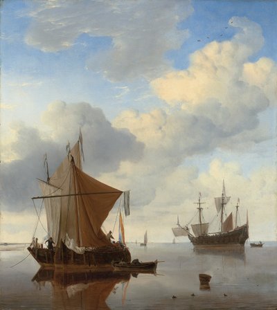 Een kalmte - een smalschip en een kaag voor anker met een Engelse oorlogsschip daarachter door Willem van de Velde