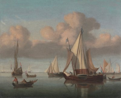Een Kaag voor Anker met Gehesen Zeilen en een Staatsjacht en Andere Vaartuigen door Willem van de Velde the Younger