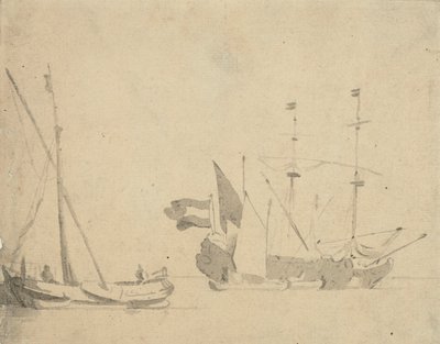 Een boeier aan een pier en een Nederlands schip voor anker door Willem van de Velde the Younger