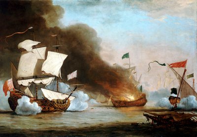 Een Engels schip in actie met Barbarijse zeerovers, circa 1680 door Willem van de Velde the Younger
