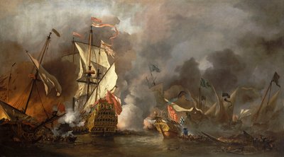 Een Engels schip in actie met Barbarijse piraten door Willem van de Velde the Younger