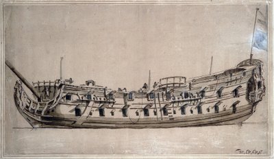 Brits vierdeklas schip, met 42 kanonnen, gebouwd rond 1675. Inkttekening door Willem van de Velde de Jongere (1633-1707) door Willem van de Velde the Younger