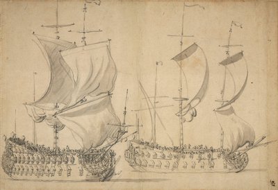 Een Engelse derde rang en vierde rang onder gemakkelijke zeil, circa 1677 door Willem van de the Elder Velde