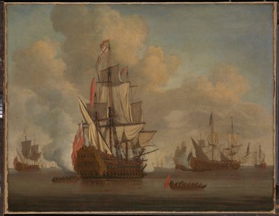Kalmte: een Engelse tweedekker met geloste zeilen die een saluut afvuurt door Willem van de the Elder Velde