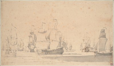 Engelse schepen, een kits en een galiot in een lichte bries, juni 1673? door Willem van de the Elder Velde