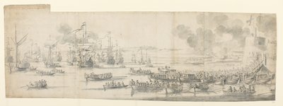 Maria van Modena aan boord in Gravesend door Willem van de the Elder Velde