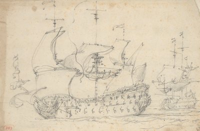 Twee Engelse derde-rangs schepen die in beweging komen, ca. 1675 door Willem van de the Elder Velde
