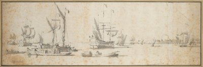 Twee doggers en een schip voor anker in een haven, c.1681 door Willem van de the Elder Velde