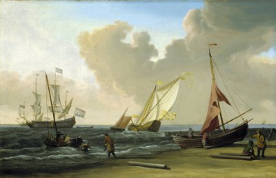 Vissersboot trekt zijn netten op het strand in de wind, aan de Nederlandse kust door Willem van de Velde the Younger