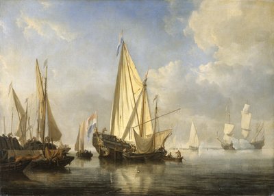 Schepen in een kalmte met een staatsjacht aan het einde van een pier, ca. 1680 door Willem van de Velde the Younger