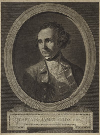 Portret van Kapitein James Cook (gravure) door William (after) Hodges