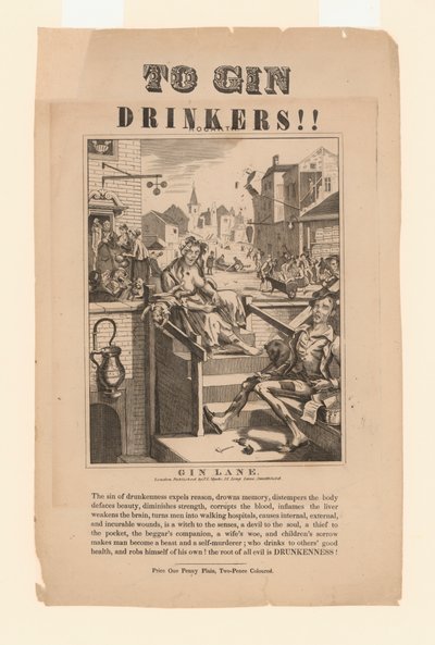 Waarschuwing voor gin drinkers (litho) door William (after) Hogarth