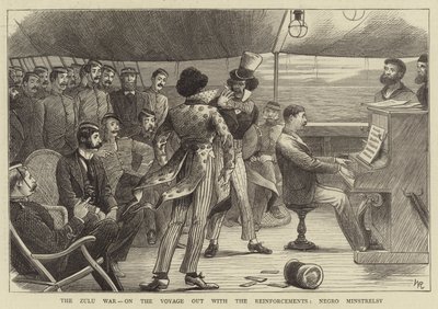 De Zoeloe-oorlog, op de reis met de versterkingen, zwarte minstrelen door William (after) Ralston