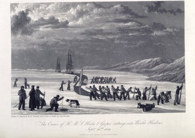 De bemanning van H.M.S. Hecla en Griper snijden zich een winterhaven in, 26 september 1819, illustratie uit 