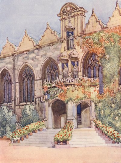 Ingang van Oriel College Hall, met beelden van de Maagd en Kind, Edward II, de nominale oprichter van het college, en Charles I, in wiens regeerperiode de hal werd gebouwd door William Ainsworth Wildman
