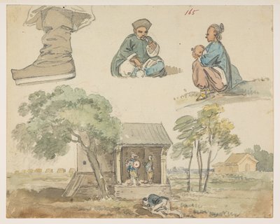 165 Figurenstudies en heiligdom, uit een Album van 372 tekeningen van landschappen, kustlijnen, kostuums en het dagelijks leven gemaakt tijdens Lord Macartney