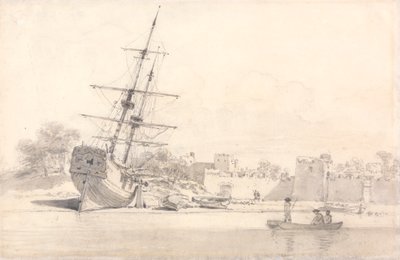 Een klein zeilschip getrokken op de kust onder enkele versterkte gebouwen door William Alexander