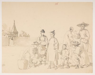 Een groep, uit een Album van 372 tekeningen van landschappen, kustlijnen, kostuums en het dagelijks leven gemaakt tijdens de ambassade van Lord Macartney naar de Keizer van China door William Alexander