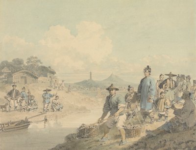Uitzicht in China: Figuren met Pagode en Berg door William Alexander
