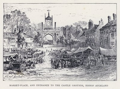 Marktplaats en ingang naar de kasteelgronden, Bishop Auckland (gravure) door William Alexander Ansted