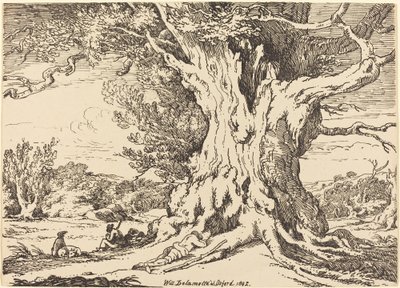 Rustend, mannen en honden onder een grote boom door William Alfred Delamotte