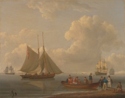 Een wherry die passagiers naar twee voor anker liggende pakketten brengt door William Anderson